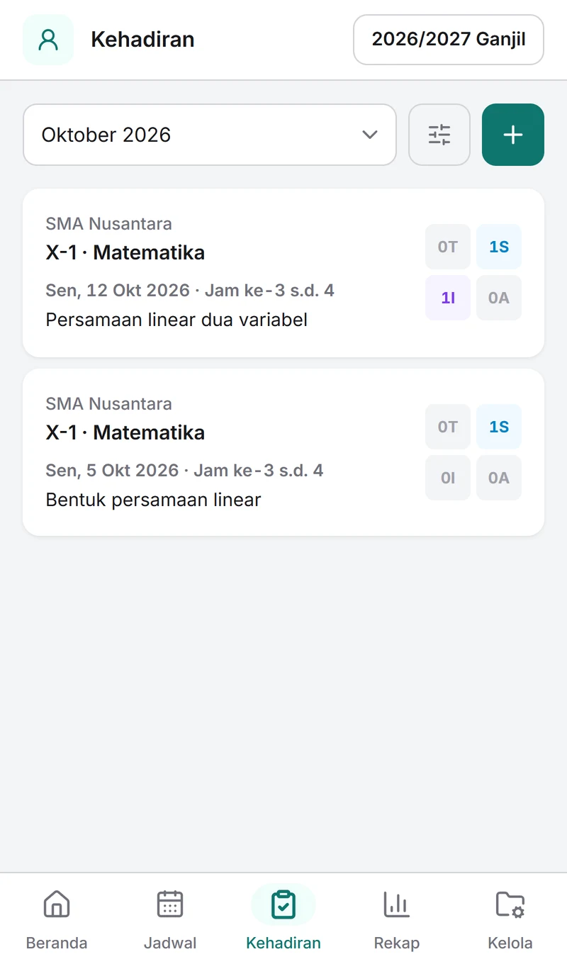 Daftar pertemuan tersimpan beserta tanggal, materi, dan ringkasan kehadiran.